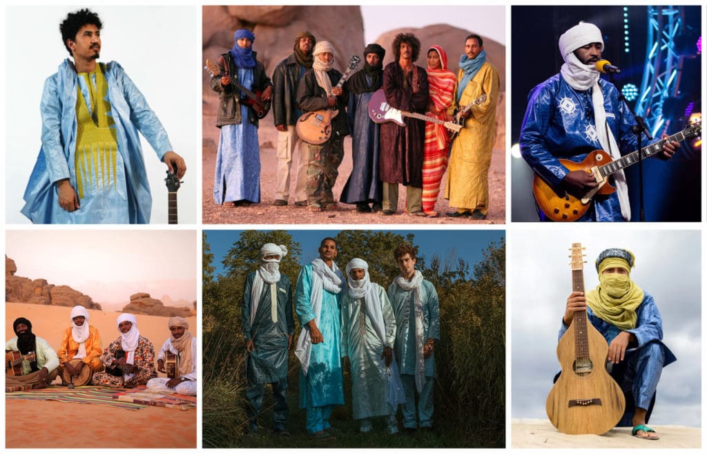 de gauche à droite : Kader Tarhanin - Tinariwen - Tikoubaouine - Tissilawen - Mdou Moctar - Faris Amine